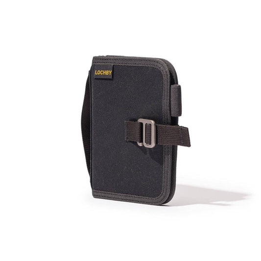 A7 field binder, dark charcoal cover with front strap and metal buckle closure