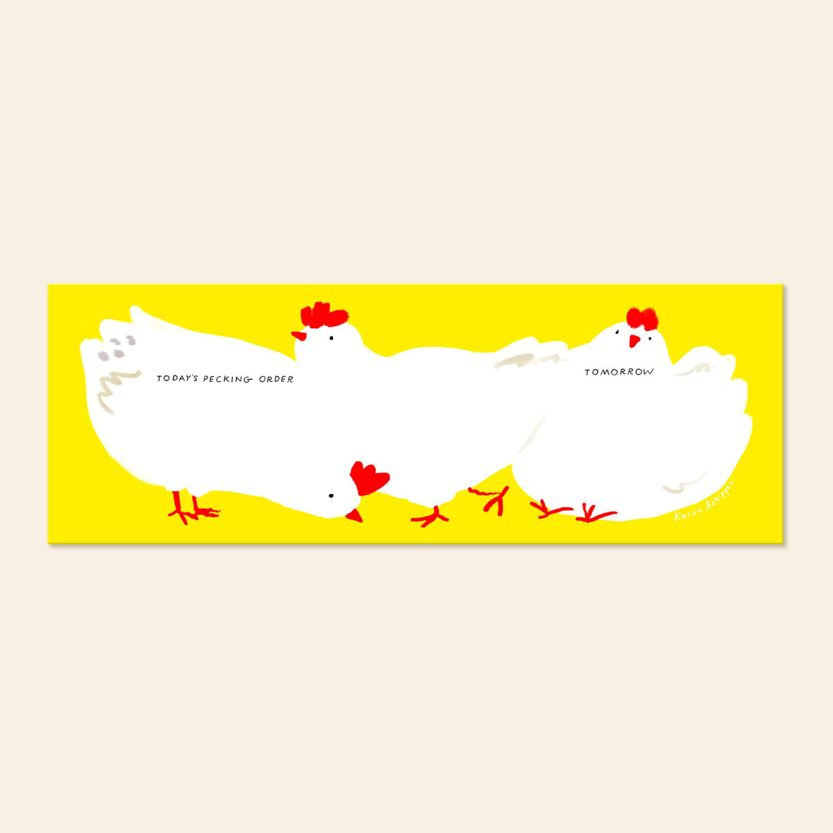 Weekly desk planner pad with two white chicken illustrations and a bright yellow border
