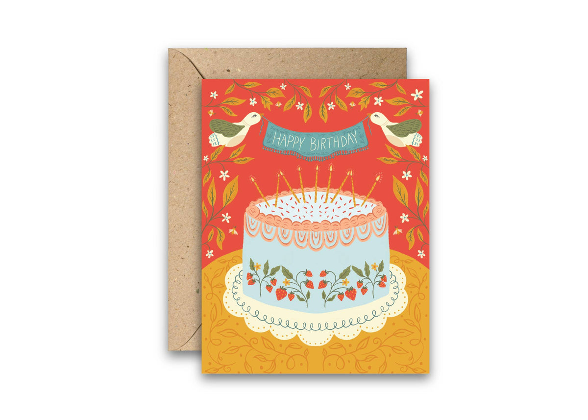 Birthday greeting card with a strawberry cake, candles, birds, and a Happy Birthday banner