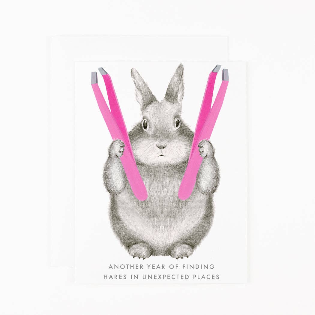 Hare-themed greeting card with gray rabbit holding two pink striped bars; message text below
