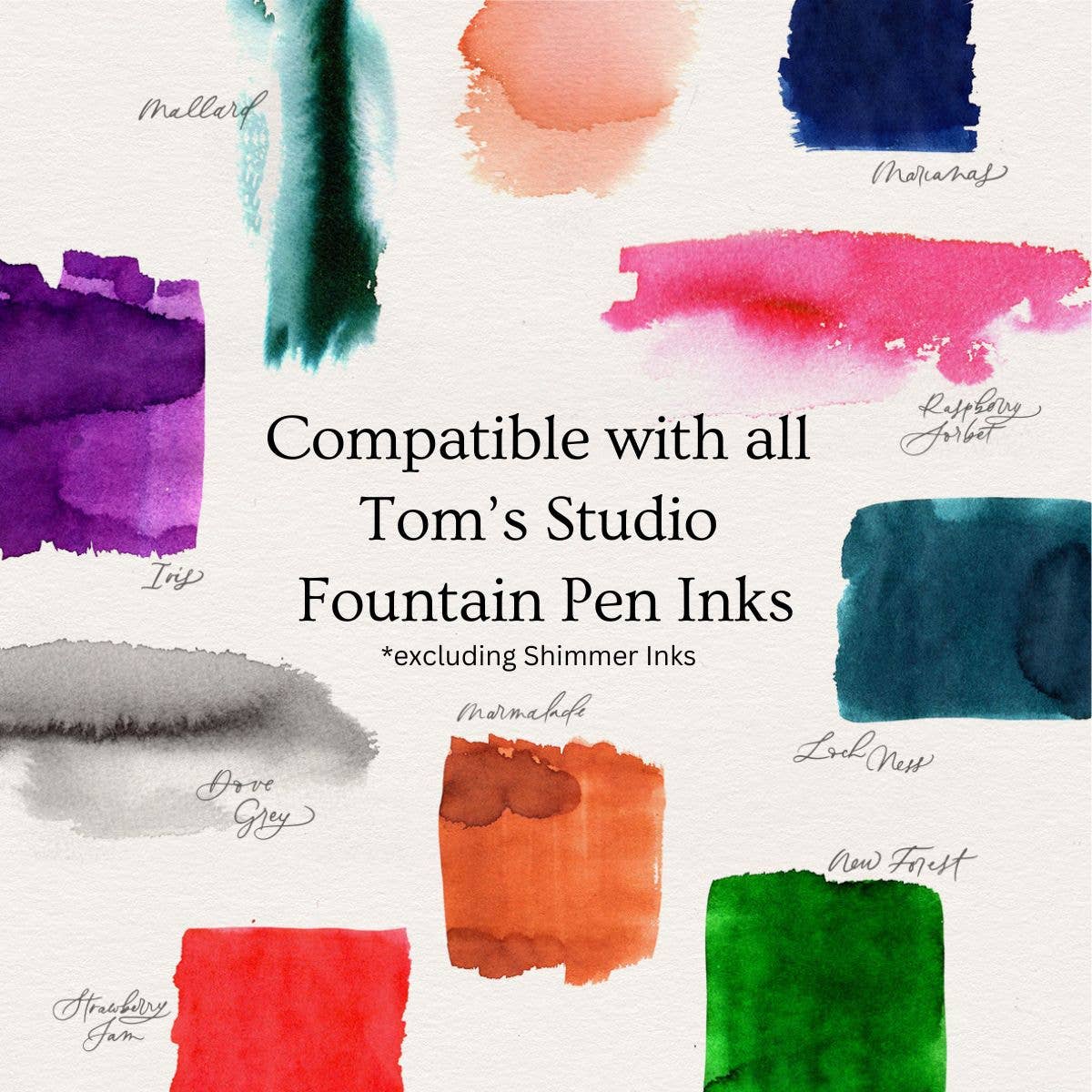 Ink swatch chart on paper with colorful watercolor blocks and labels