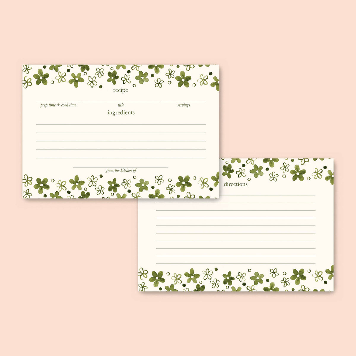 Green clover recipe cards with daisy-style border, lined blanks and headings