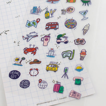 Clear planner sticker sheet with assorted illustrated travel, food, and transport icons