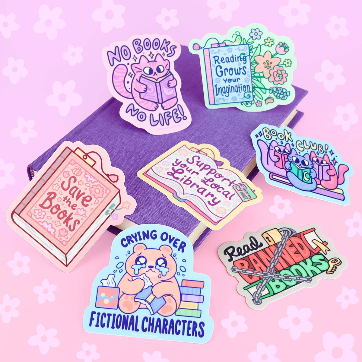 Set of bookish cat vinyl stickers with colorful book and reading designs