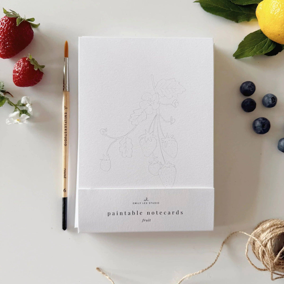 Paintable watercolor notecard with light fruit outline sketch on white paper.