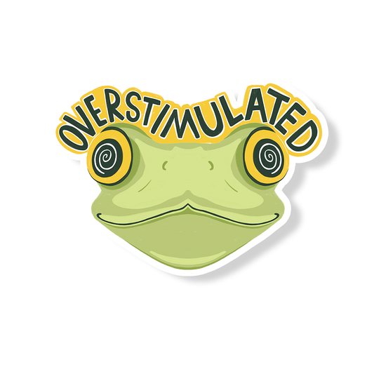 Green cartoon frog vinyl sticker with spiral eyes and 'OVERSTIMULATE' text