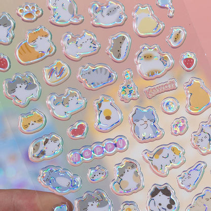 Close-up holographic sticker sheet with cat and heart shapes in iridescent outlines