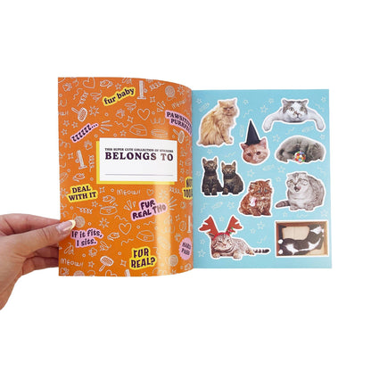 Cat sticker book opened to two pages with orange and blue cat sticker sheets