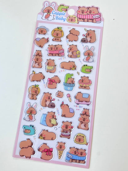 Pink Capybara Baby sticker sheet featuring capybara and bunny character stickers