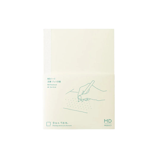 A6 dot-grid notebook with cream cover, MD logo, and line-art pen design