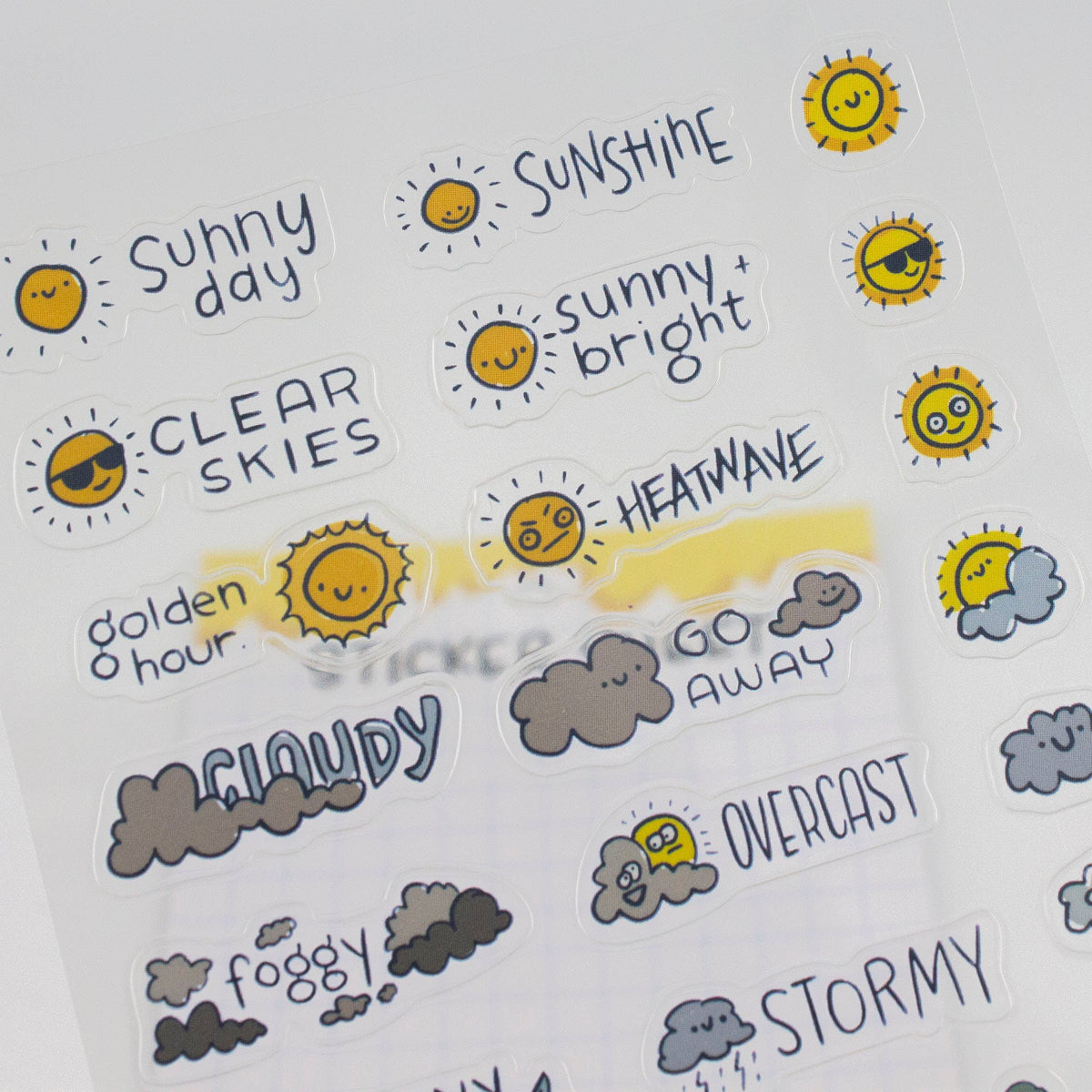 Close-up of weather stickers: sunshine, clear skies, heatwave, go away, and overcast