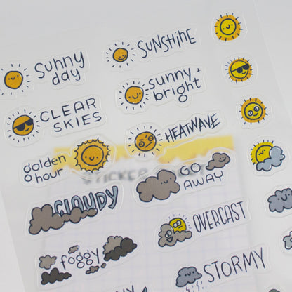 Close-up of weather stickers: sunshine, clear skies, heatwave, go away, and overcast