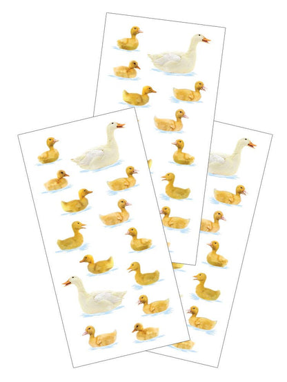Set of duck swimming stickers on clear backing, white and yellow ducks in rows
