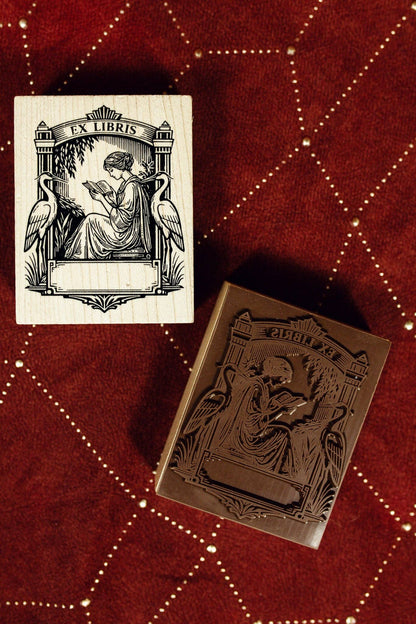 Art Deco Ex Libris wooden stamp block and companion stamped card
