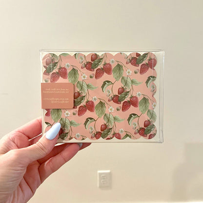 Strawberry floral stationery card in clear sleeve with kraft label