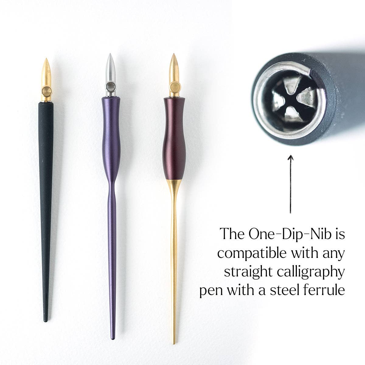 Three dip pens with different colored grips and a metal adjustment tool