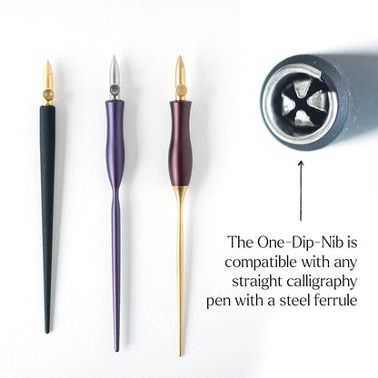Three dip pens with different colored grips and a metal adjustment tool