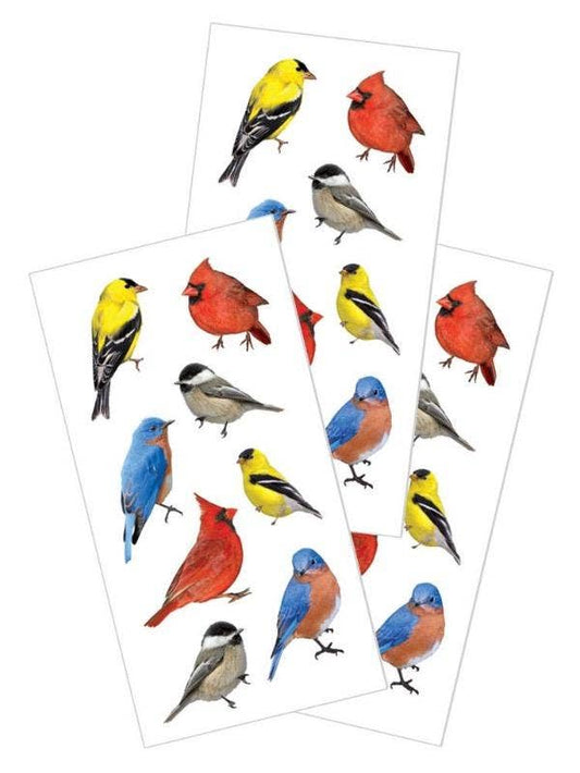 Carded bird sticker set featuring separate sticker cards with red, blue, yellow birds