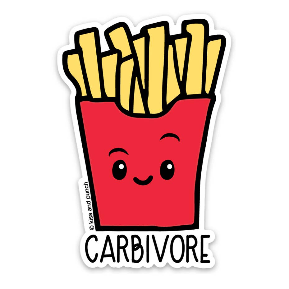 French fries vinyl sticker with a smiling red carton and “Carbivore” text
