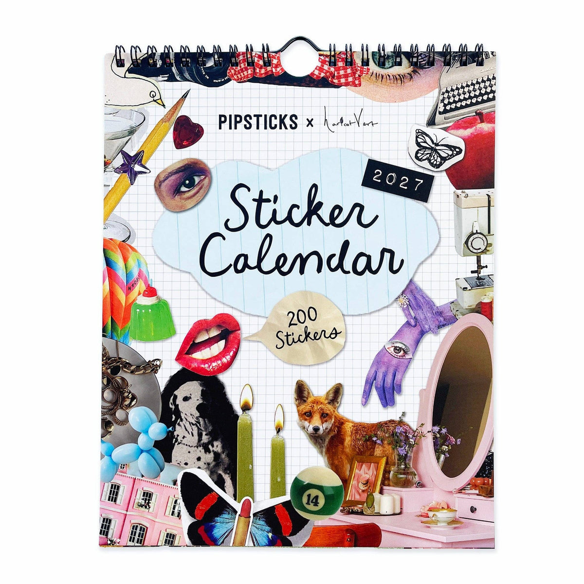 Wall calendar with spiral binding and colorful sticker-art cover, featuring “Sticker Calendar 2027”.