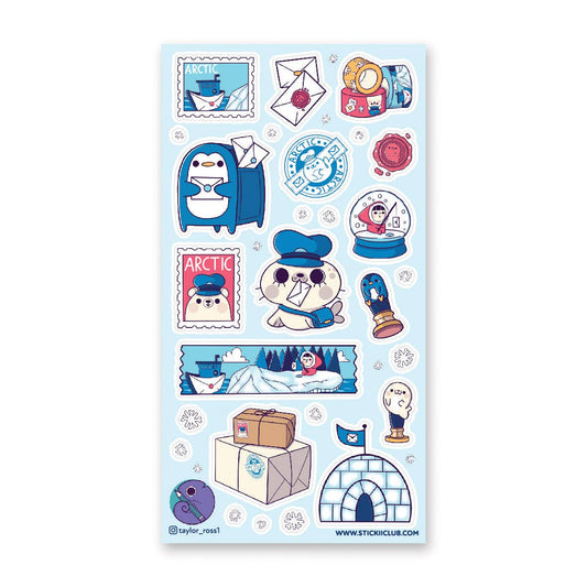 Penguin Post sticker sheet with arctic penguin, stamps, mail, and winter scene stickers