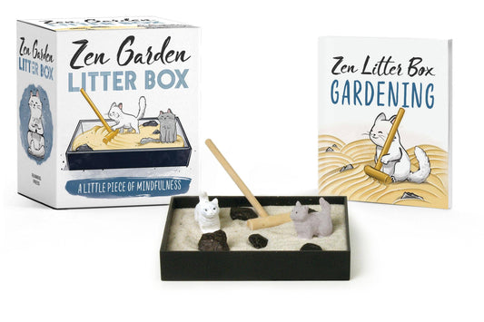 Zen garden litter box set with black tray, sand-like bed, and miniature cat figures
