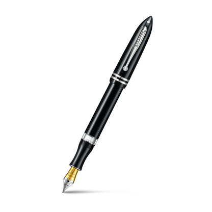 SHEAFFER glossy black fountain pen with gold nib and chrome ring near tip
