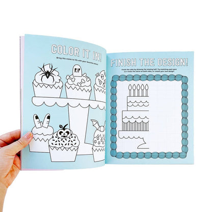 Open sticker activity book pages with line-art cakes and a “Finish the design!” frame