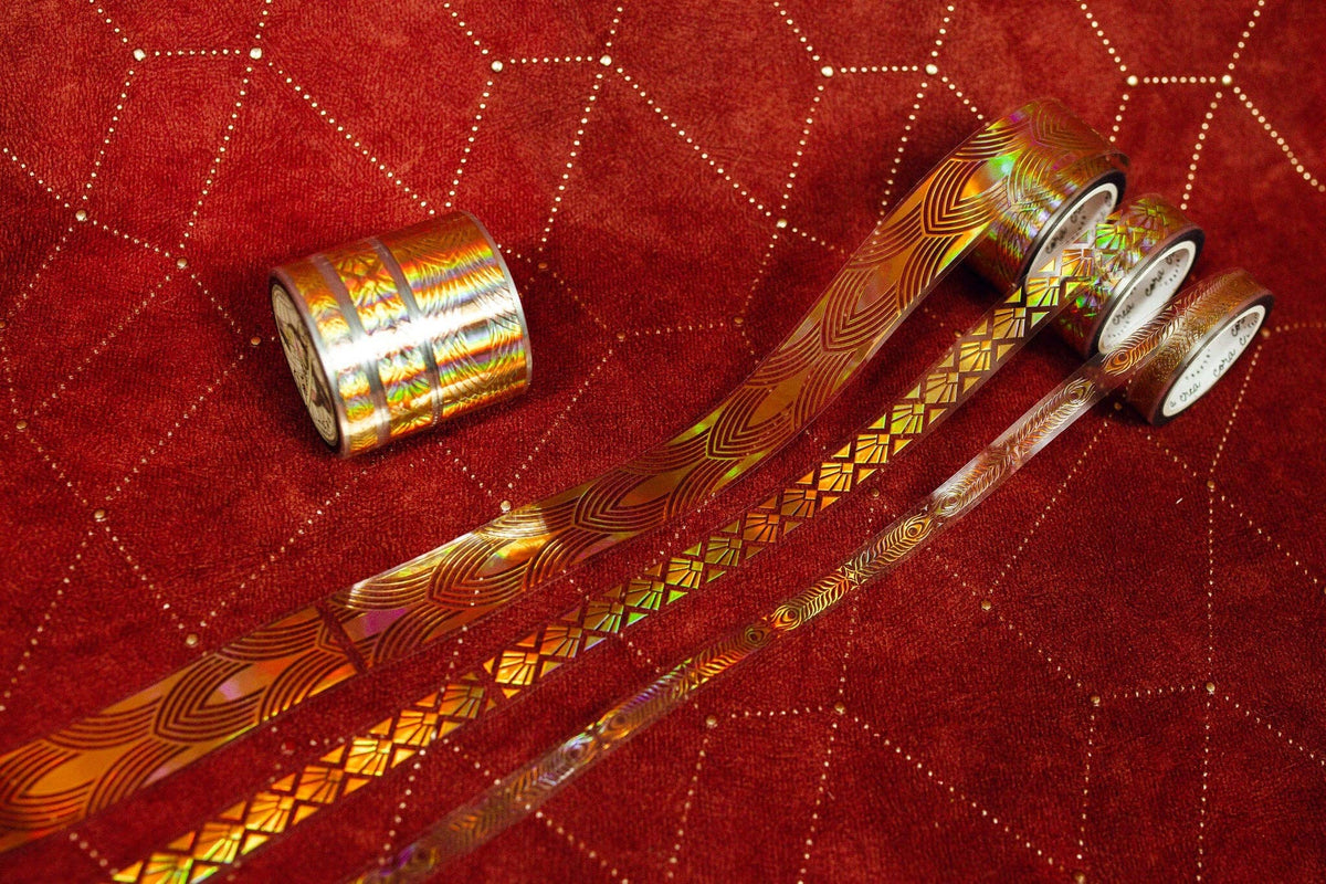 Gold art deco transparent tape set with three patterned tape rolls and strips