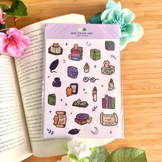Book-themed deco sticker sheet with colorful icons on purple backing