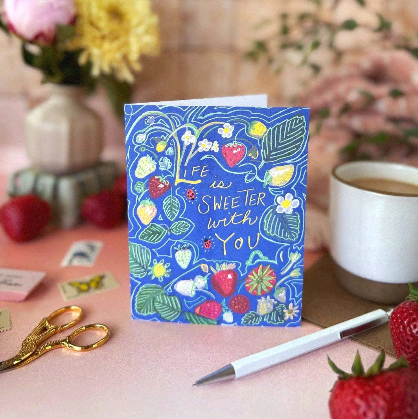 Life Is Sweeter With You (Strawberries and Ladybugs) — Love, Friendship, Birthday, Thank you Card