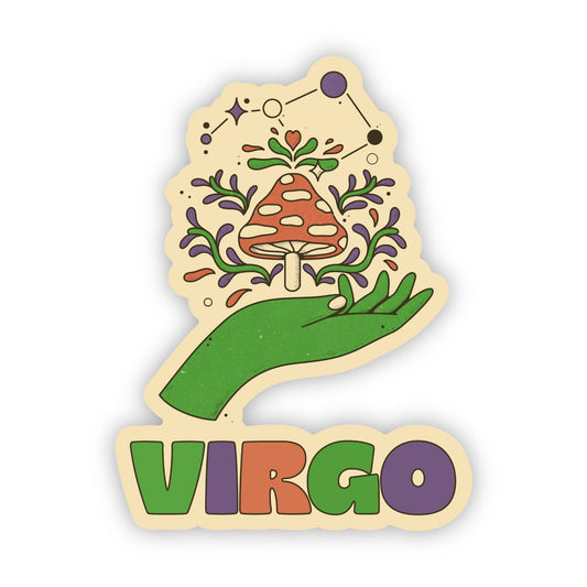 Virgo astrology sign sticker, beige border with maiden illustration and “VIRGO” letters