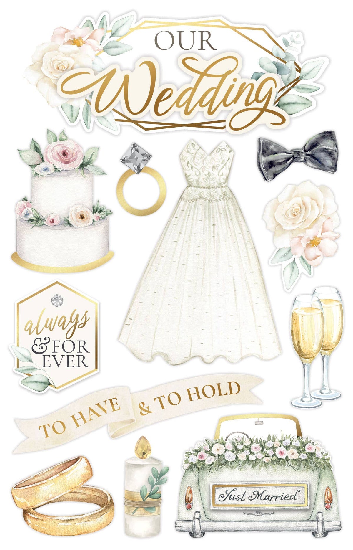 Wedding 3D scrapbook sticker set with dress, rings, flowers, champagne, and bow