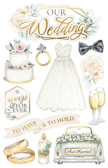 Wedding 3D scrapbook sticker set with dress, rings, flowers, champagne, and bow