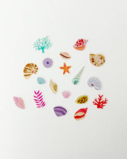 Set of seashell and coral washi stickers: starfish, shells, and fan shapes