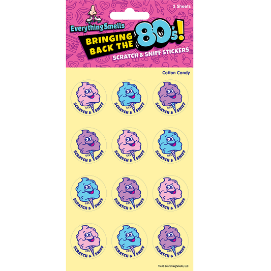 Cotton candy scratch-and-sniff sticker sheet with 12 round character icons