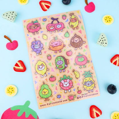 Glitter sticker sheet showing colorful fruit animal characters and small icons