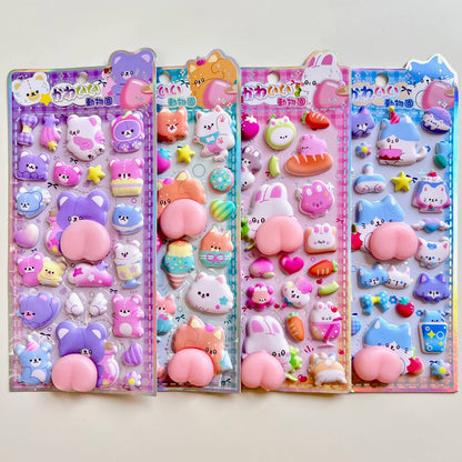 Animal squishy butt sticker set with four card panels of cute pastel animal face and squishy shapes