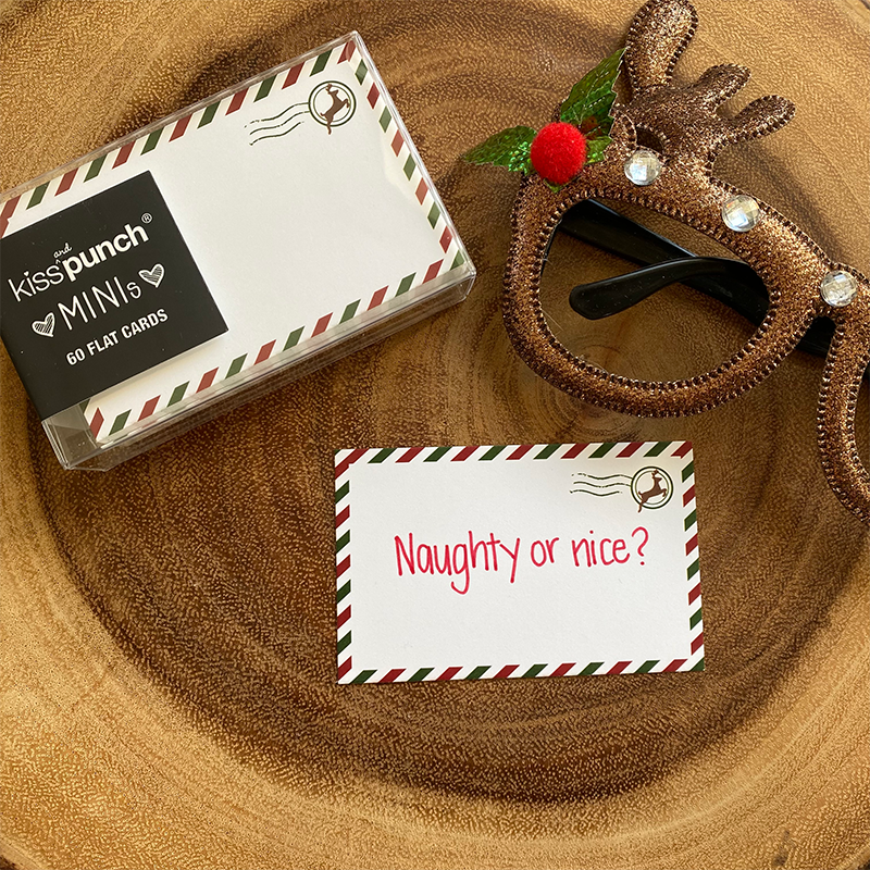 Christmas reindeer airmail notecard set with red and green border and a sample card reading “Naughty or nice?”