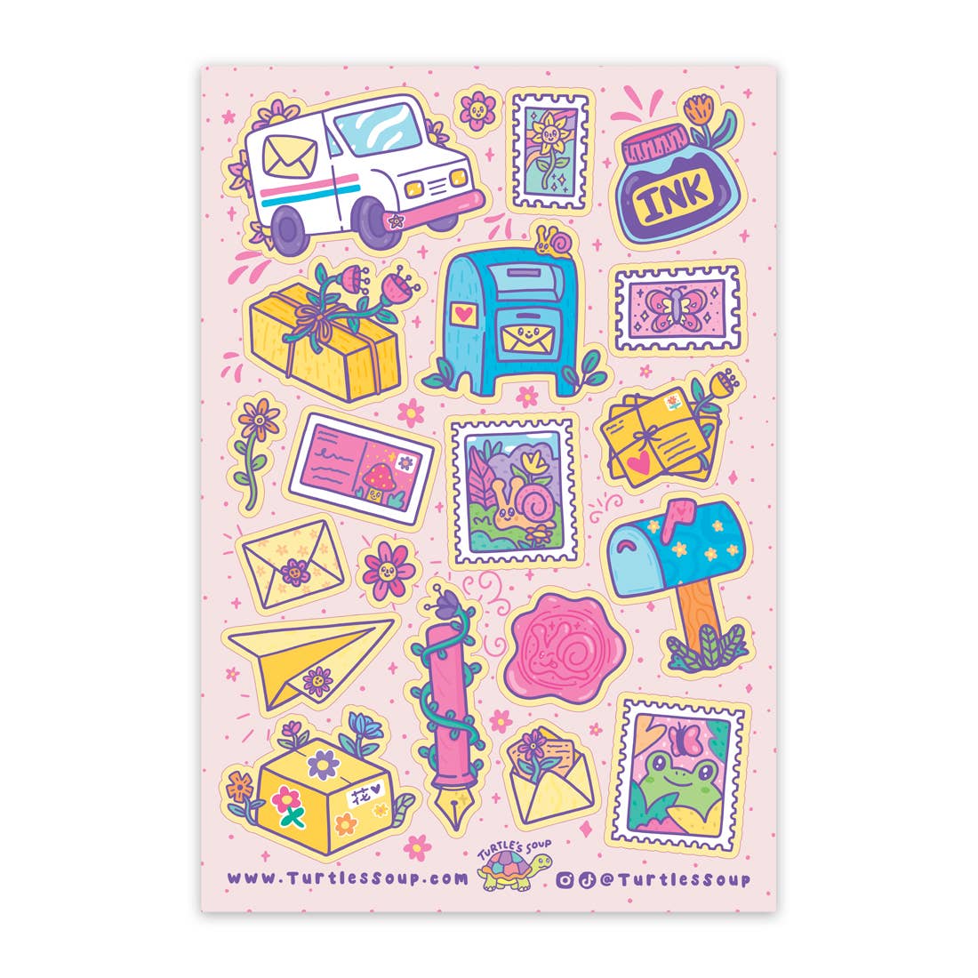 Glitter sticker sheet with cute letters, stamps, ink bottle and envelopes