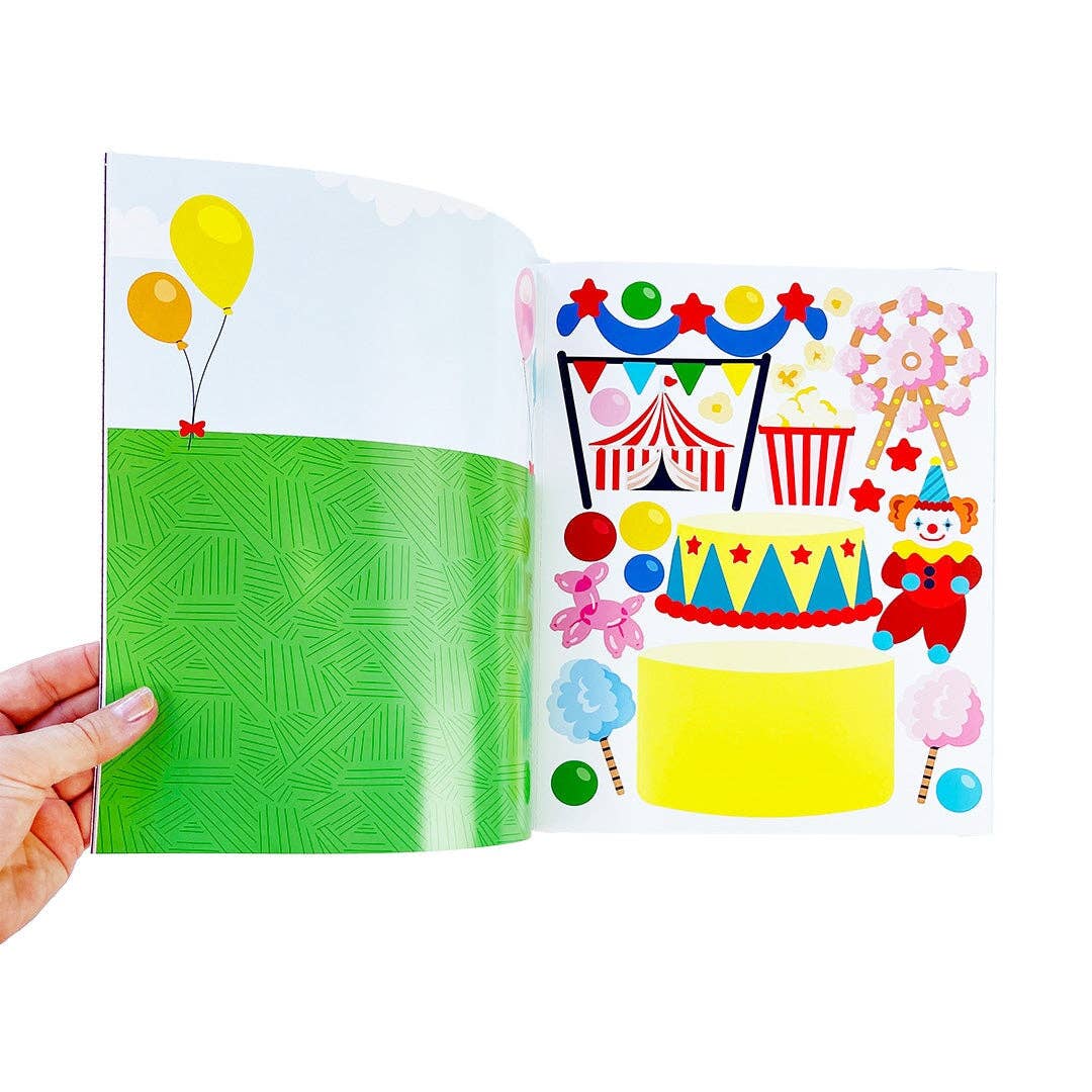Open sticker activity book spread with a green patterned page and colorful circus scene