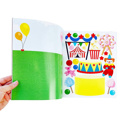Open sticker activity book spread with a green patterned page and colorful circus scene