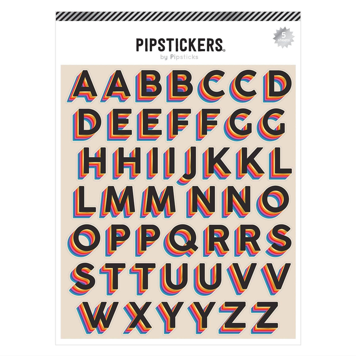 Big color stacked alphabet letter stickers on sheet, 5-piece set