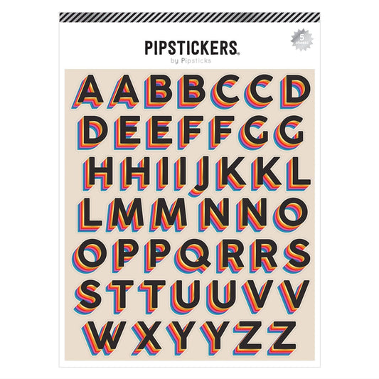 Big color stacked alphabet letter stickers on sheet, 5-piece set