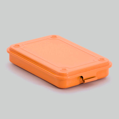 Toyo steel stackable storage box in peach orange, shown closed