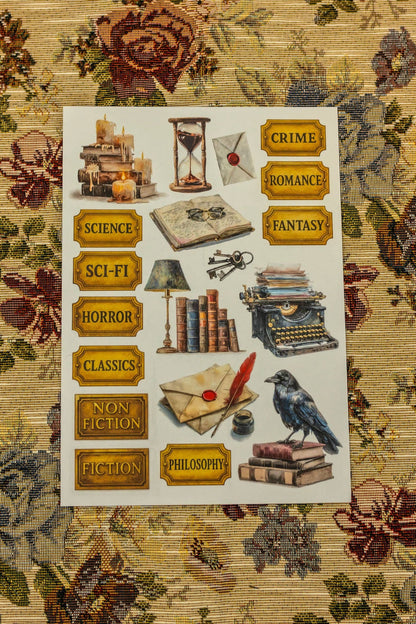Library sticker sheet with category stickers: science, sci-fi, horror, fiction, fantasy, and raven