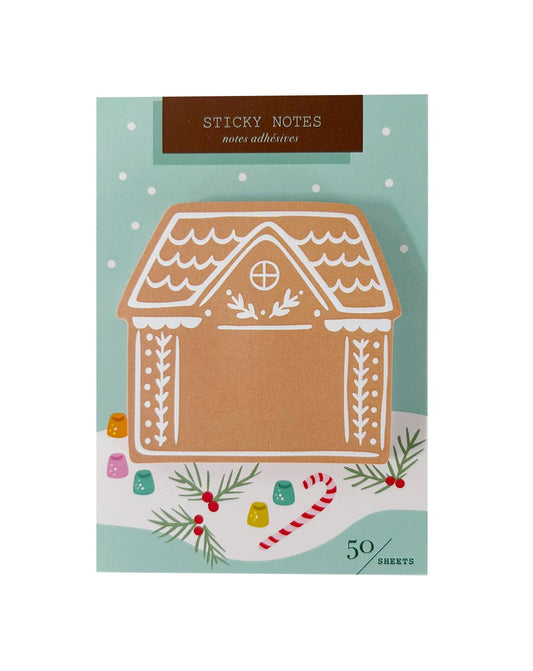 Gingerbread house die-cut sticky notes, brown house with candy cane and wreath, 50 sheets