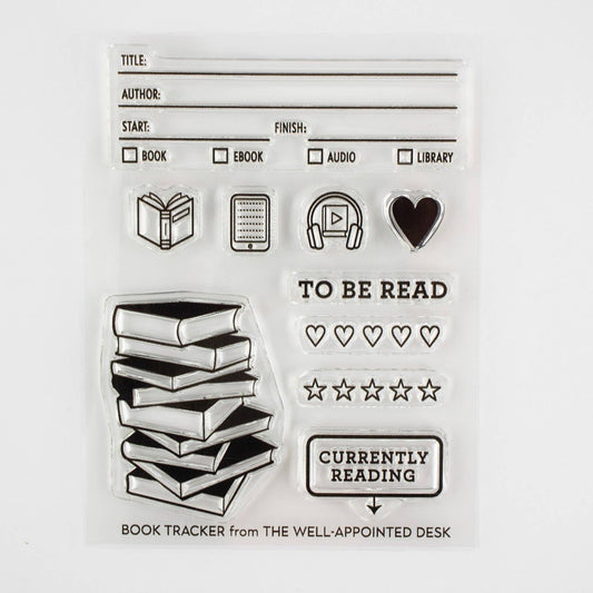 Clear book tracker stamp sheet with icons, stars, and currently reading label