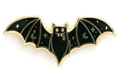 Vampire bat enamel lapel pin, black wings with crescent moons and gold trim