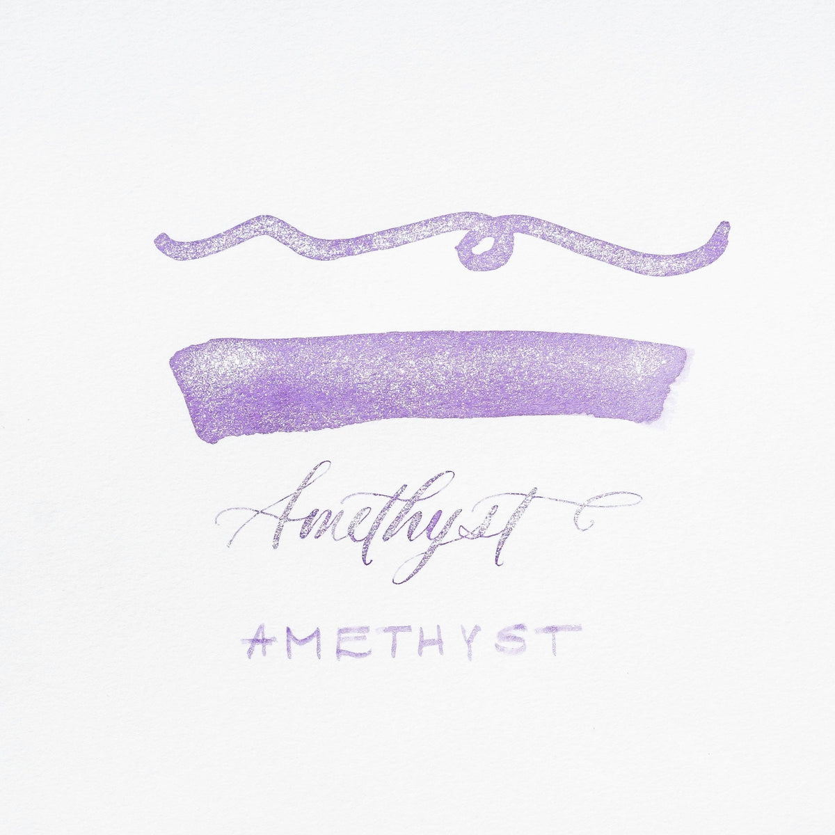 Amethyst shimmer ink swatches with handwritten script on white paper